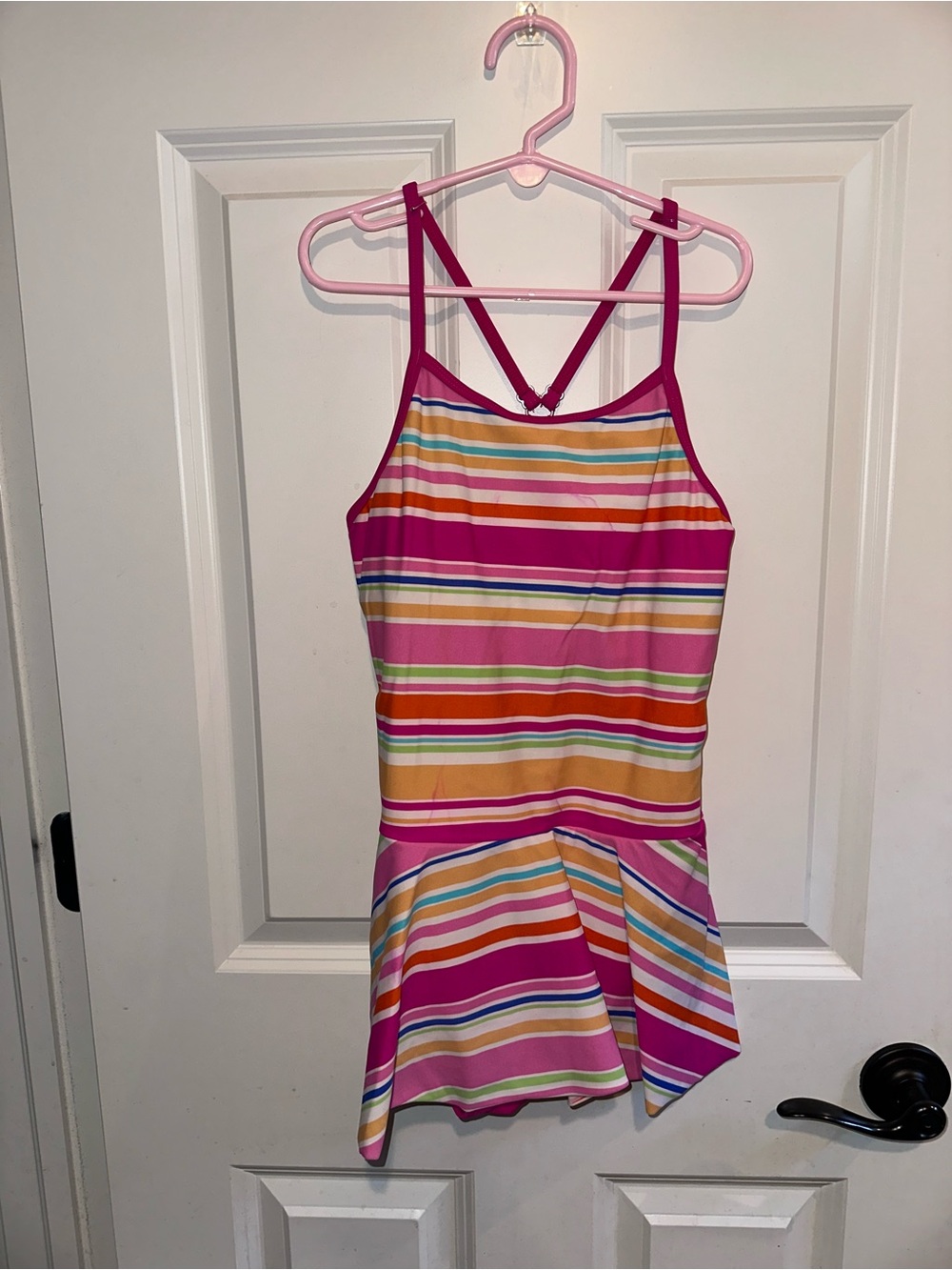 Lands End Pink Multi-Stripe One-Piece Swimsuit with Skirt Girls Sz 12